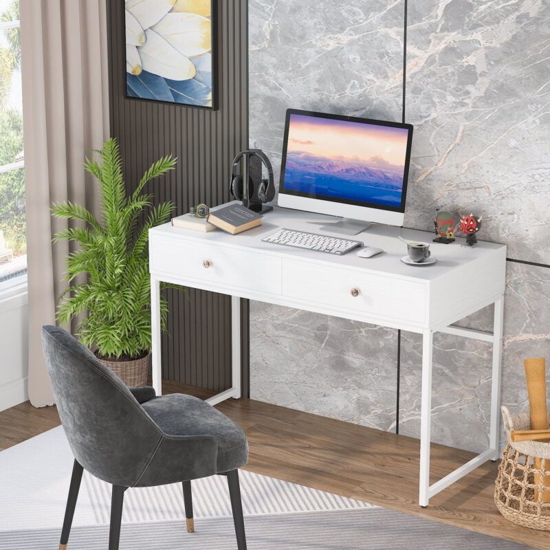 47" Computer Desk, Modern Writing Desk with 2 Drawers - Image 4