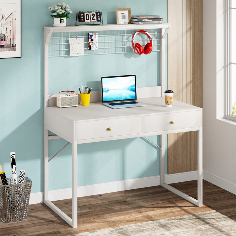 Computer Desk, Modern Study Table With 2 Drawers & Mesh Shelf