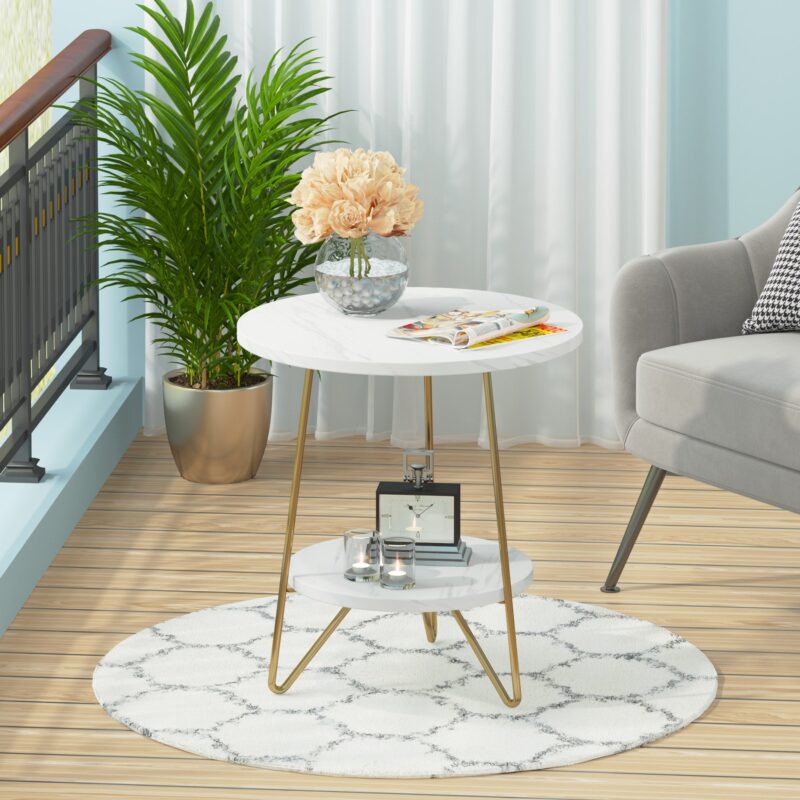 End Table, 2 Tier Round Sofa Bedside Table with Shelves - Image 2