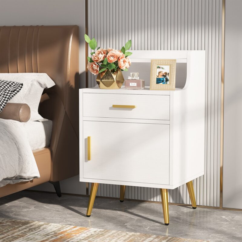 Nightstand, 32" Tall Bedside Table with Drawer & Doors - Image 2