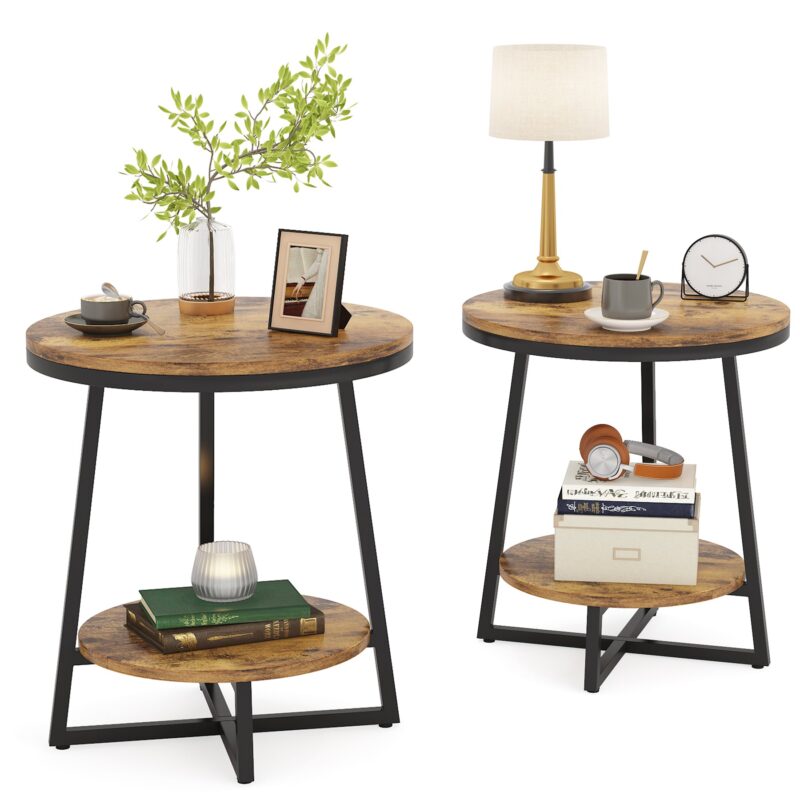 End Table, 2 Tier Round Nightstand Bedside Table - Image 10