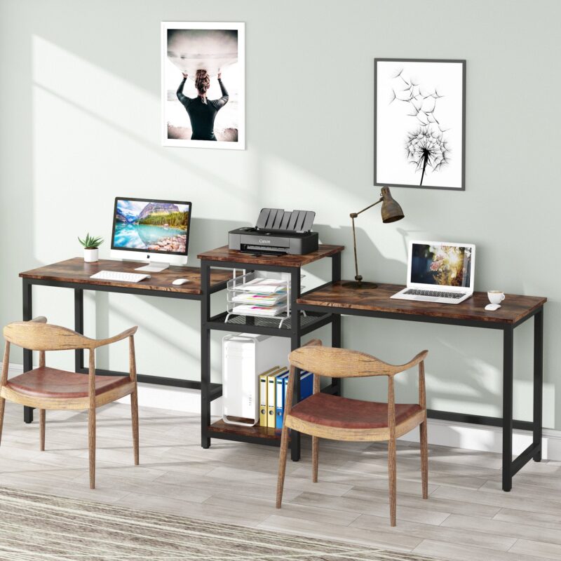 Two Person Desk, 96.9" Double Computer Desk with Storage Shelves - Image 3