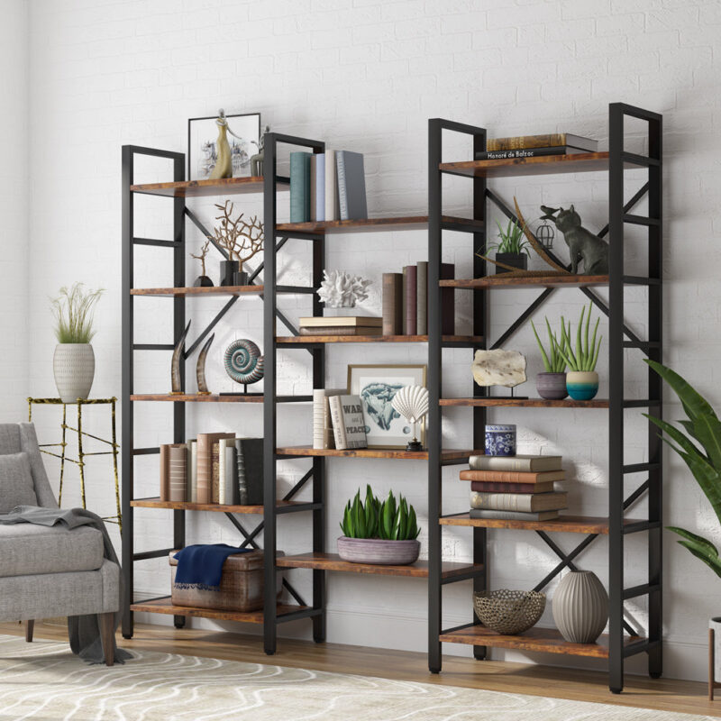 Bookshelf,  Industrial Triple Wide 14 Shelves Etagere Bookcase - Image 3