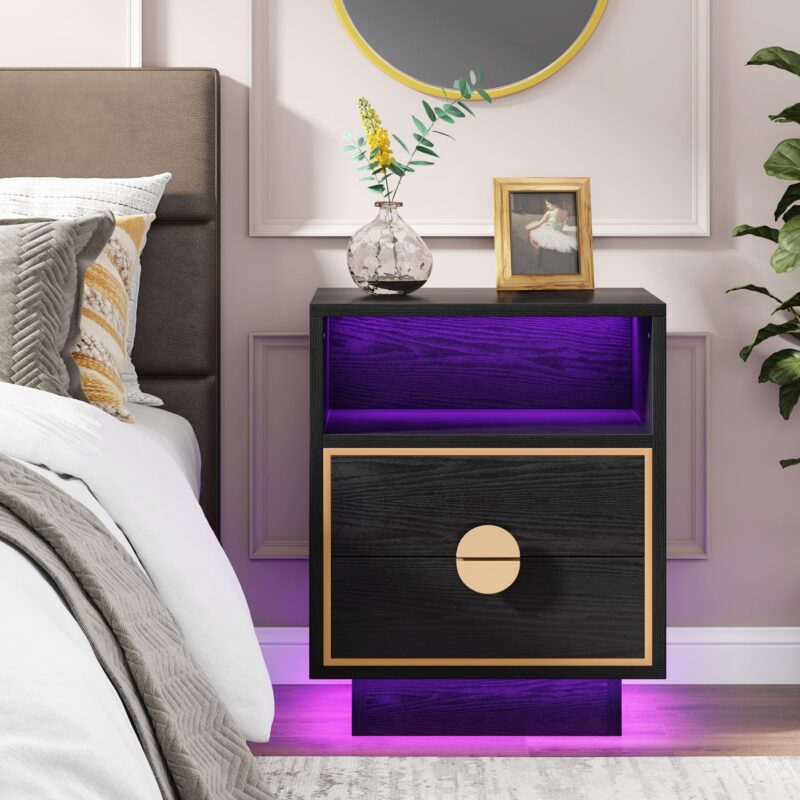 LED Nightstand, 2 Drawers Bedside End Table with Led Lights - Image 3