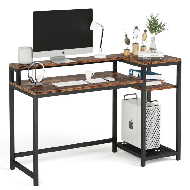 Computer Desk, Industrial Study Desk with Shelves & Monitor Stand