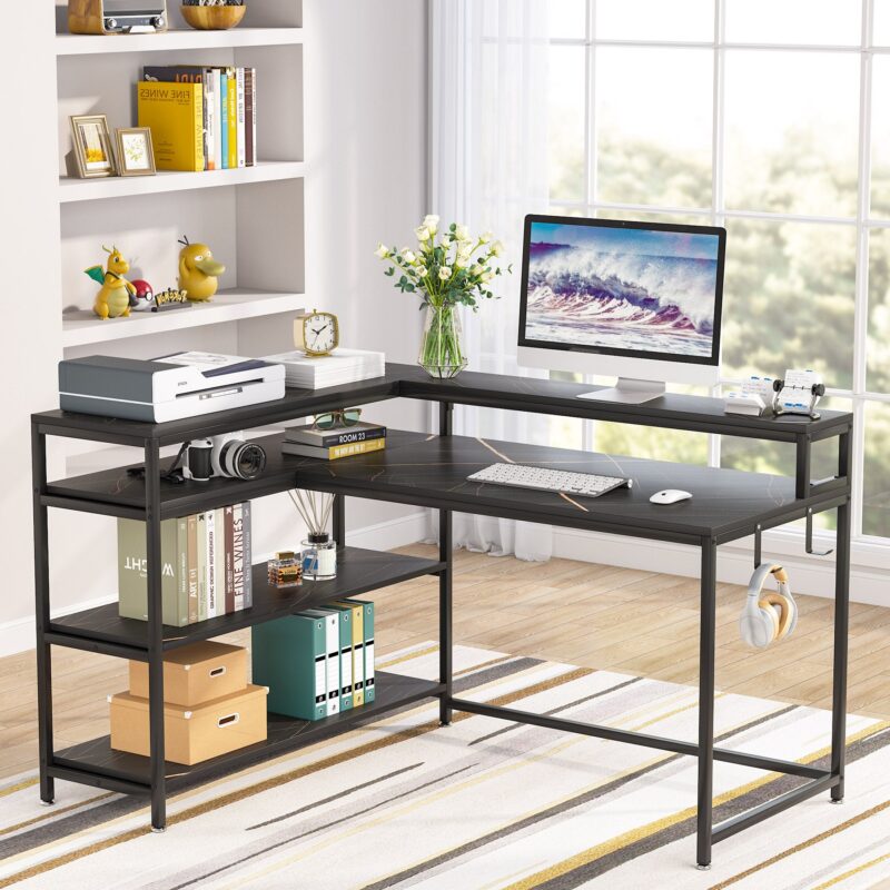 L-Shaped Desk, 53" Reversible Corner Desk with Shelves and Monitor Stand - Image 3