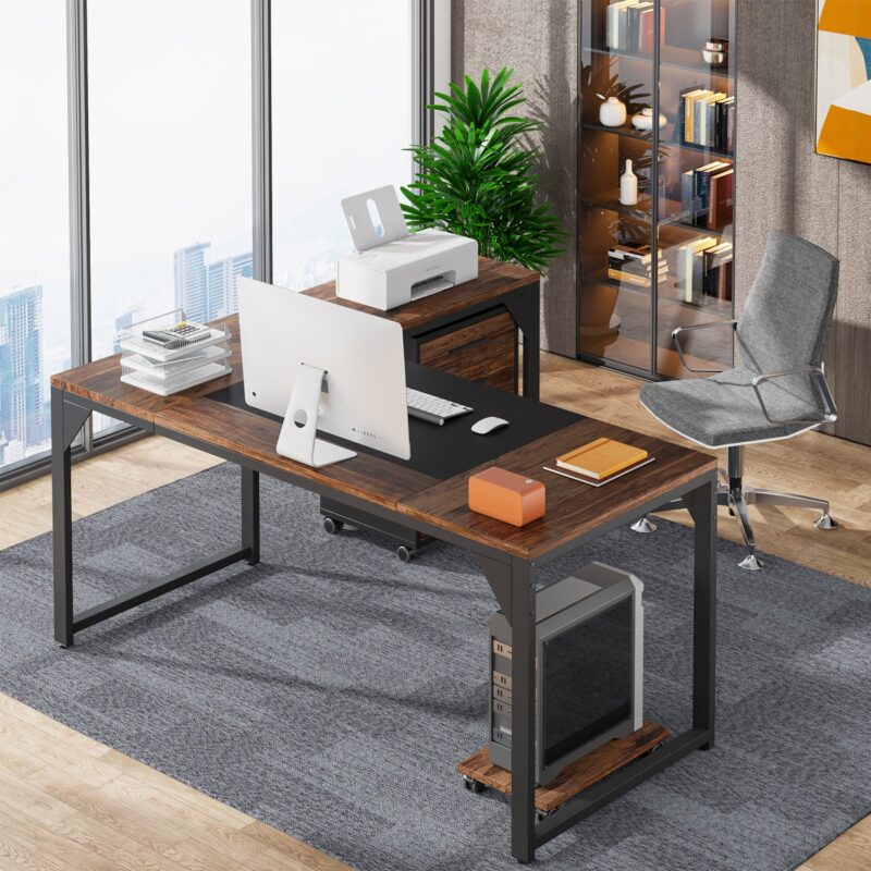 L-Shaped Desk, 63" Executive Computer Desk with Mobile File Cabinet - Image 4