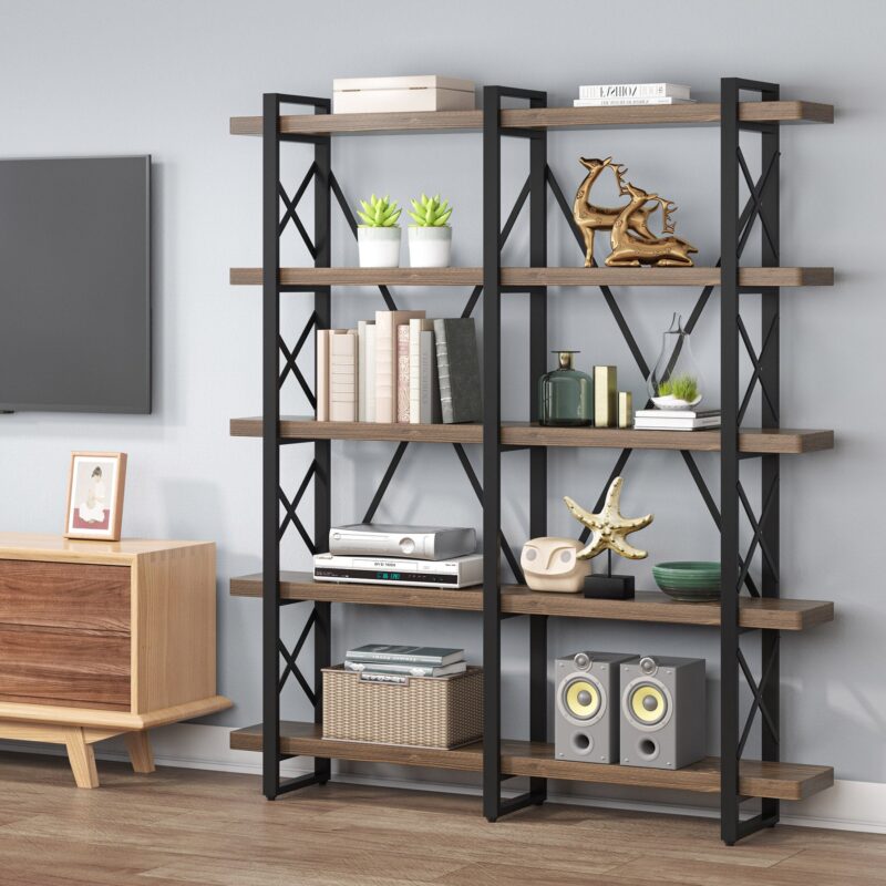 Bookshelf, Double Wide 5-Shelf Etagere Bookcase - Image 3