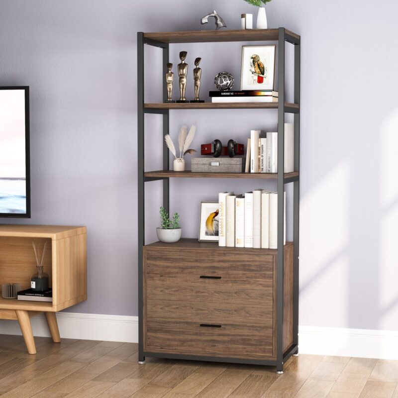 Bookshelf, Rustic Etagere Bookcase with Drawers & Shelves - Image 4