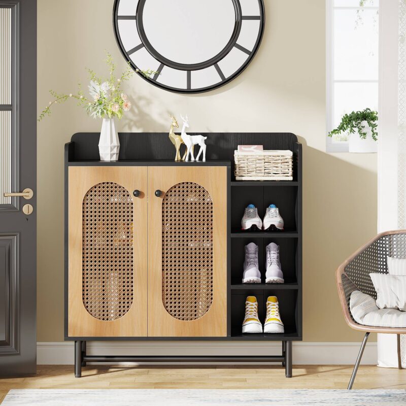 Shoe Cabinet, Rattan Shoe Storage Organizer with Doors & Open Shelves - Image 4