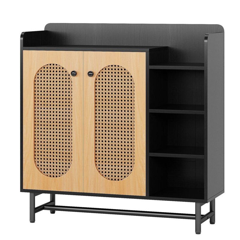 Shoe Cabinet, Rattan Shoe Storage Organizer with Doors & Open Shelves - Image 2