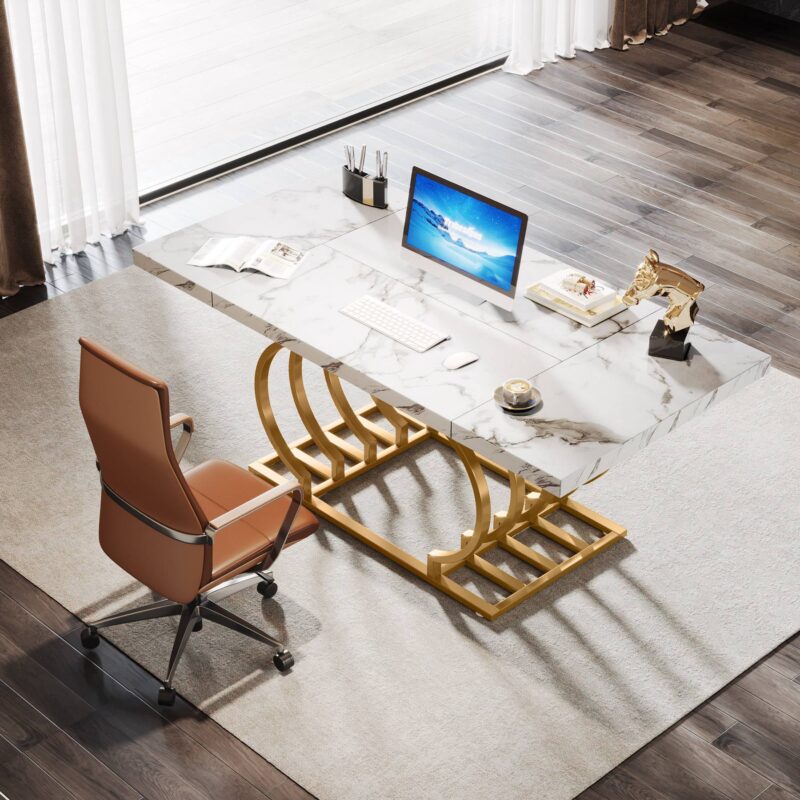 Executive Desk, 63" Modern Computer Office Desk with Faux Marble Top - Image 4