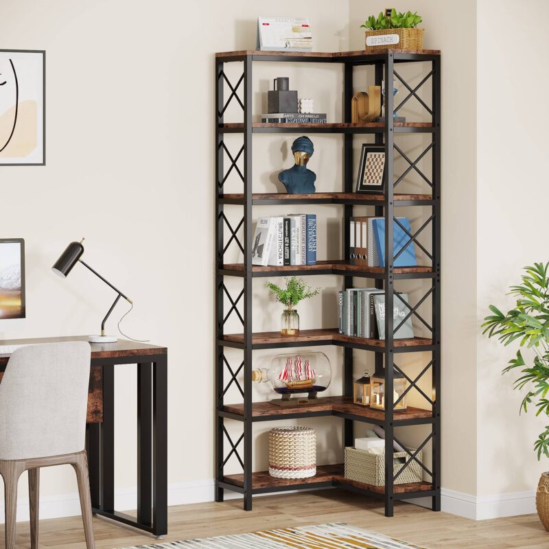 Corner Bookshelf, 7-Tier Tall Corner Bookcase Storage Display Rack - Image 4