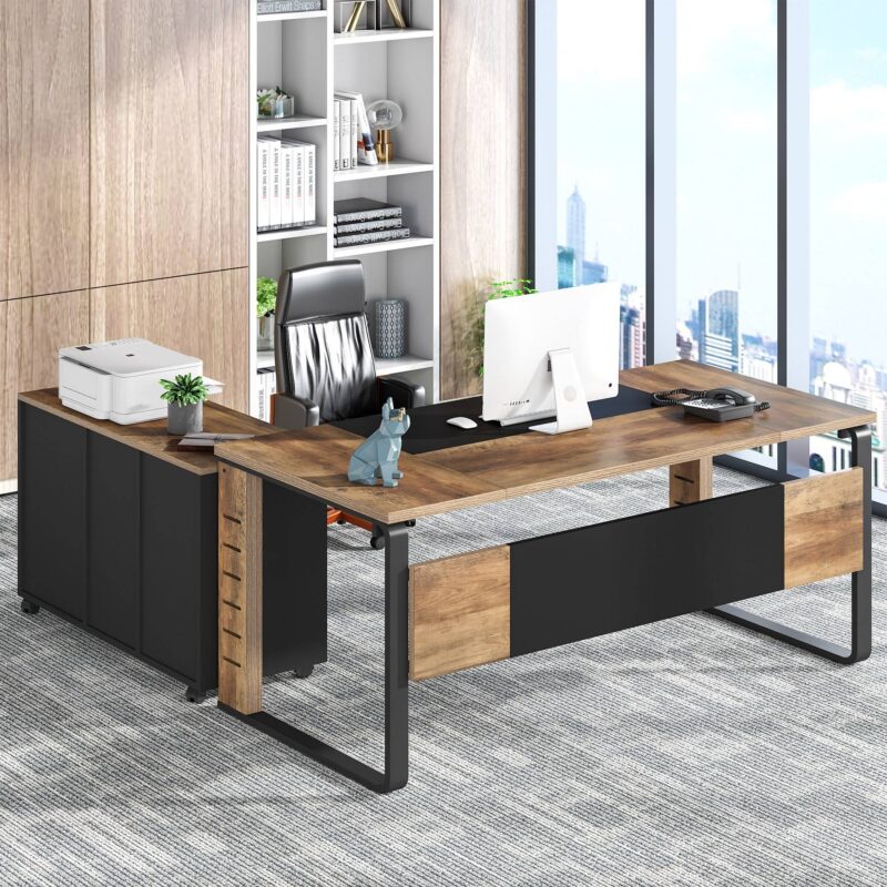 L-Shaped Desk, 59" Executive Office Desk with Lateral File Cabinet - Image 4