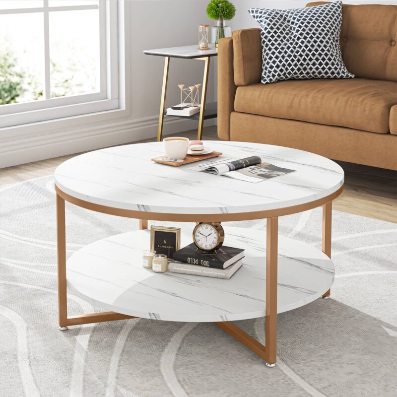 Coffee Table, 2-tier Round Tea Table with Faux Marble Tabletop - Image 7