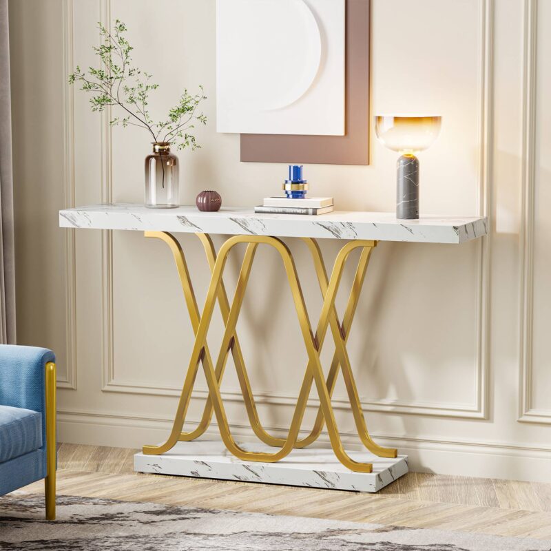 Console Table, 2-tier Modern 39" Sofa Table with Faux Marble Top - Image 4