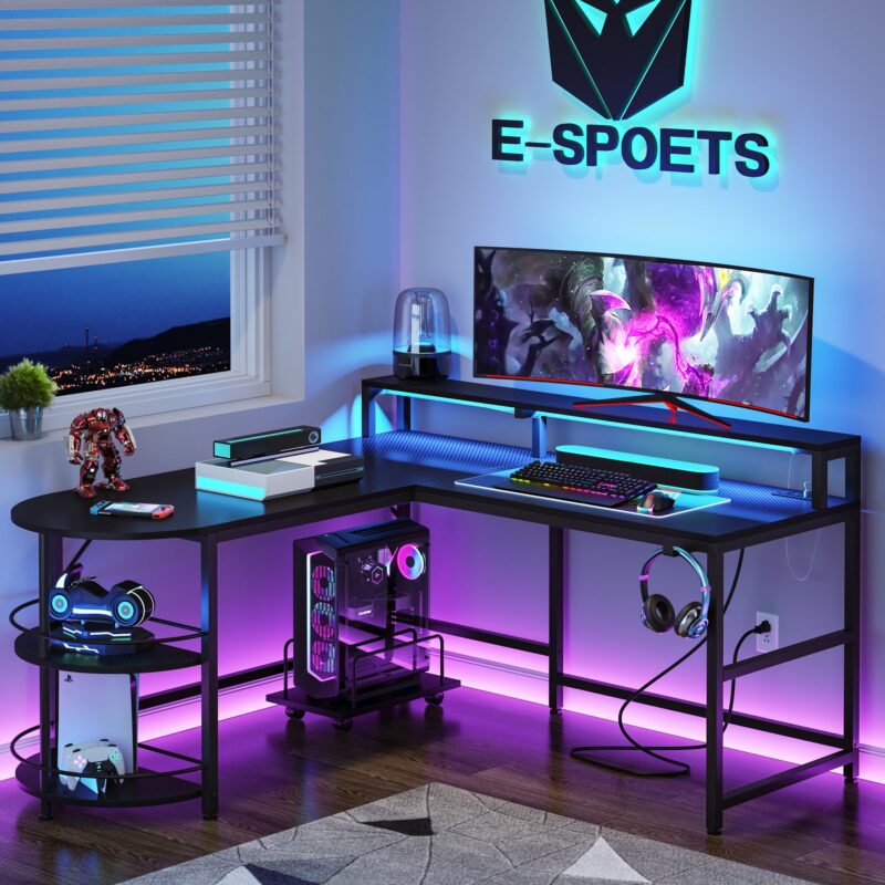 Gaming Desk, L Shaped Computer Desk with LED Strip & Shelves - Image 3