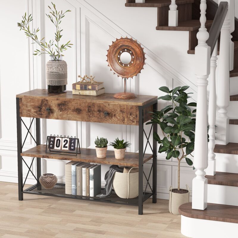 Console Table, Rustic Sofa Side Table With Drawer & 2-Tier Storage Shelves - Image 4