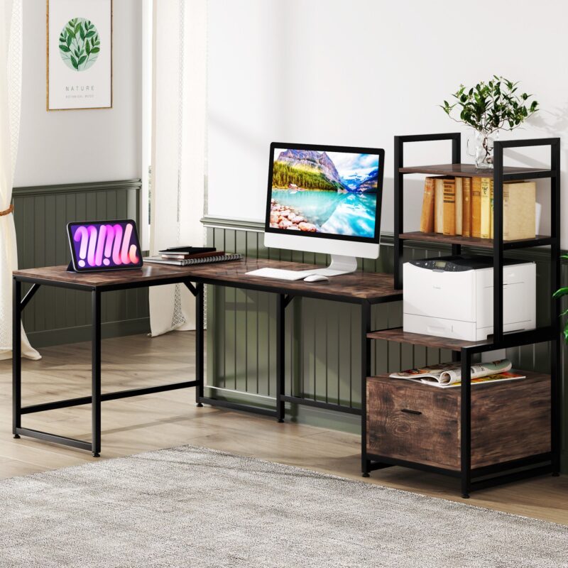 L-Shaped Desk, Computer Desk with 3 Tier Storage Shelves and File Drawer - Image 4