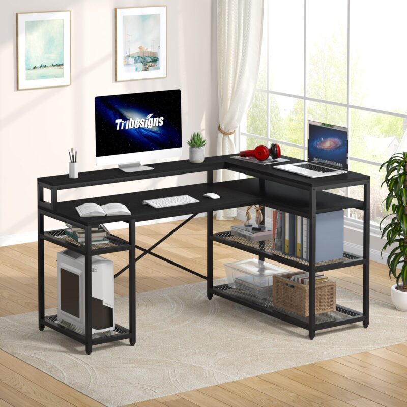 L-Shaped Desk, 59" Corner Computer Desk with Storage Shelf - Image 8