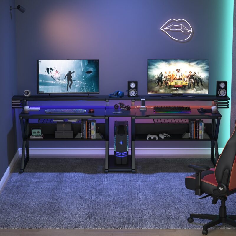 Gaming Desk, 102" Two Person Computer Desk with Shelves - Image 4