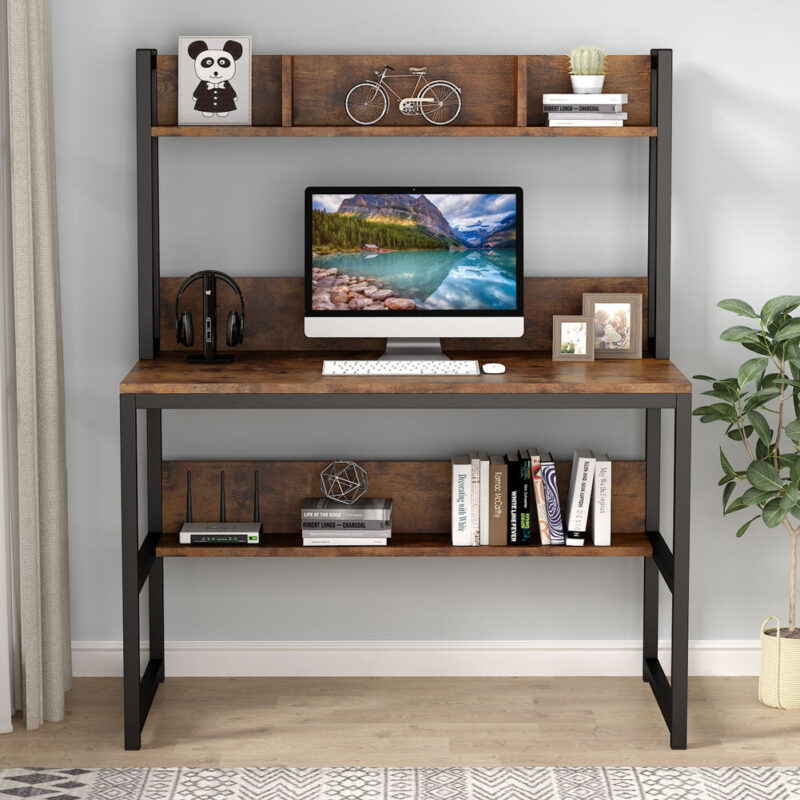 Computer Desk, Home Office Desk Study Desk with Hutch and Shelves - Image 3