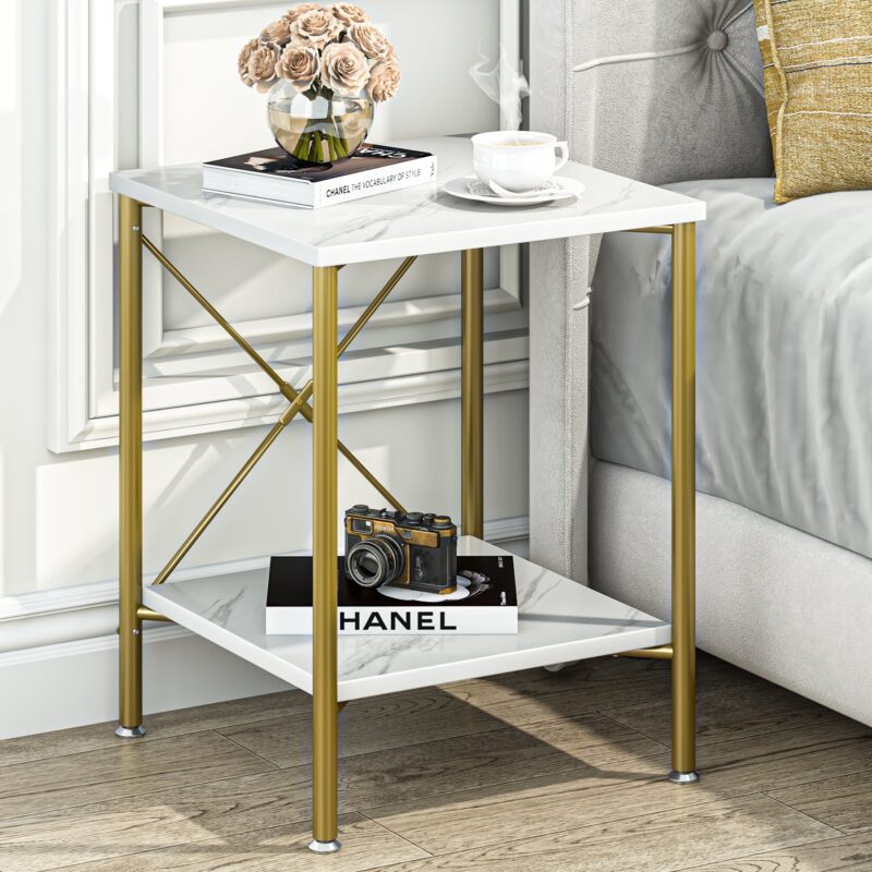 End Table, Modern 2-Tier Faux Marble Side Table, Nightstand - Image 9