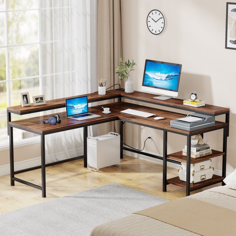 L-Shaped Desk, Corner Desk with Power Outlets & Monitor Shelves