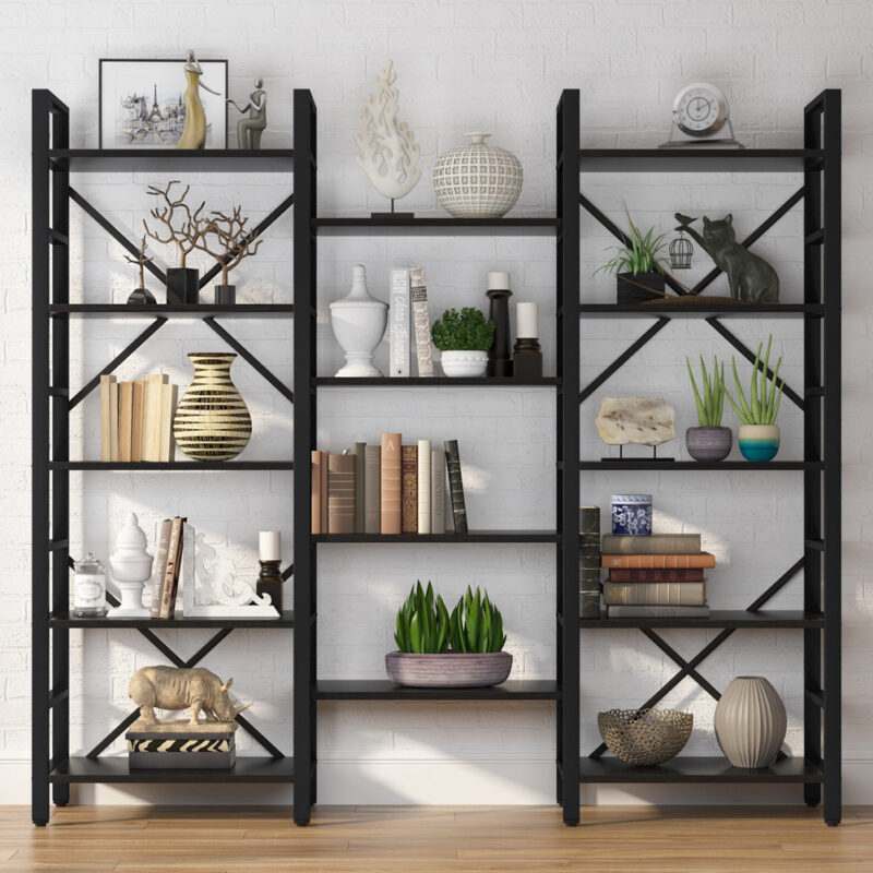 Bookshelf,  Industrial Triple Wide 14 Shelves Etagere Bookcase - Image 13