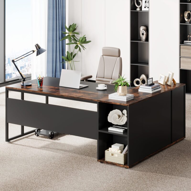 L-Shaped Desk, 71 inch Executive Desk with Shelves & Cabinet - Image 3