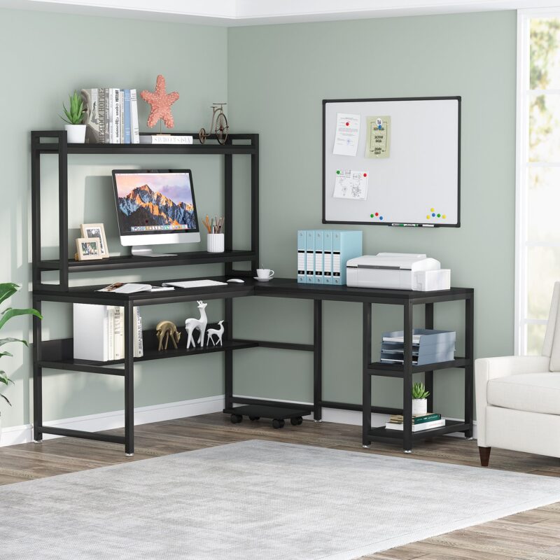 L-Shaped Desk, 59" Corner Computer Desk with Hutch and Shelves - Image 12