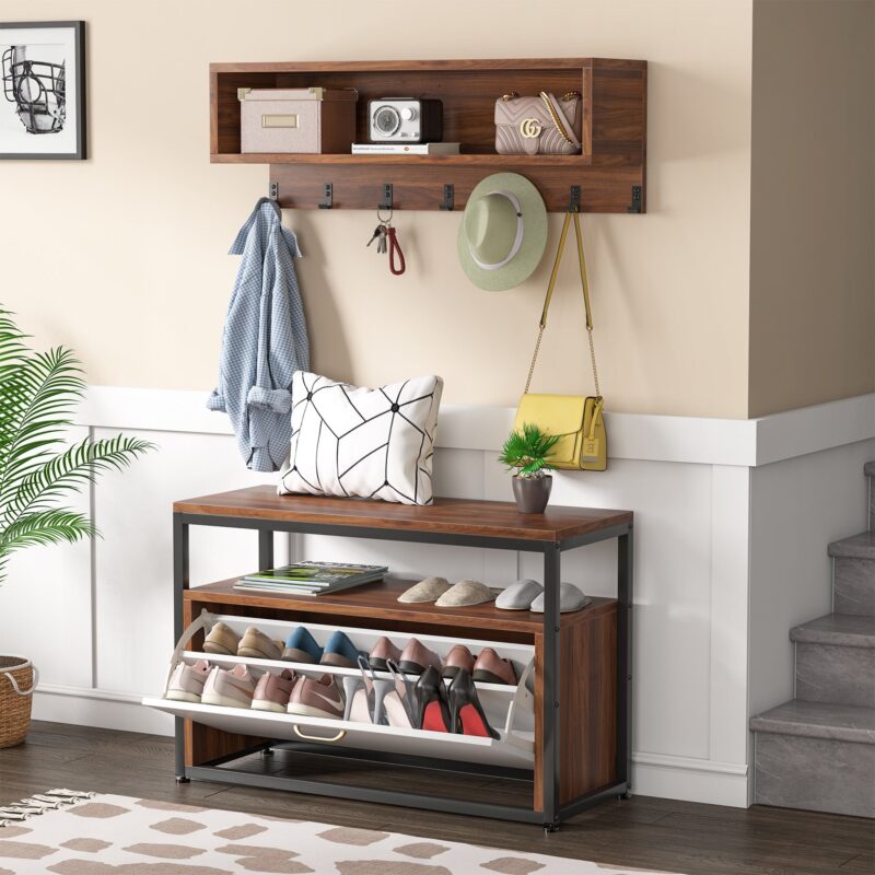 Coat Rack Shoe Bench Set, Hall Tree Shoe Rack with Flip Drawer - Image 4