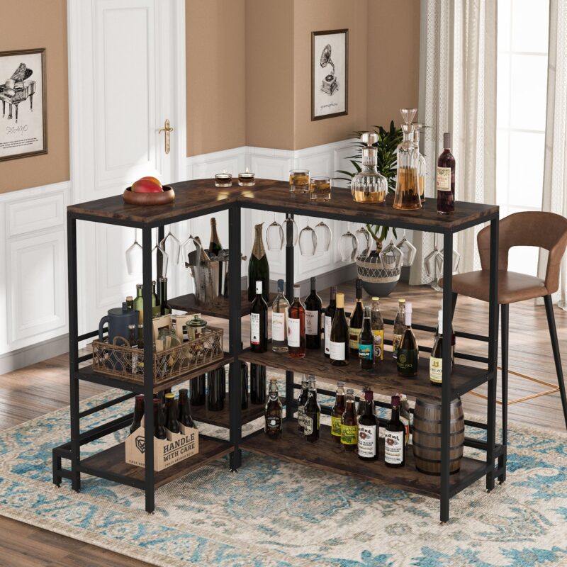 Bar Unit, 3-Tier L-Shaped Liquor Bar Table with Storage - Image 3