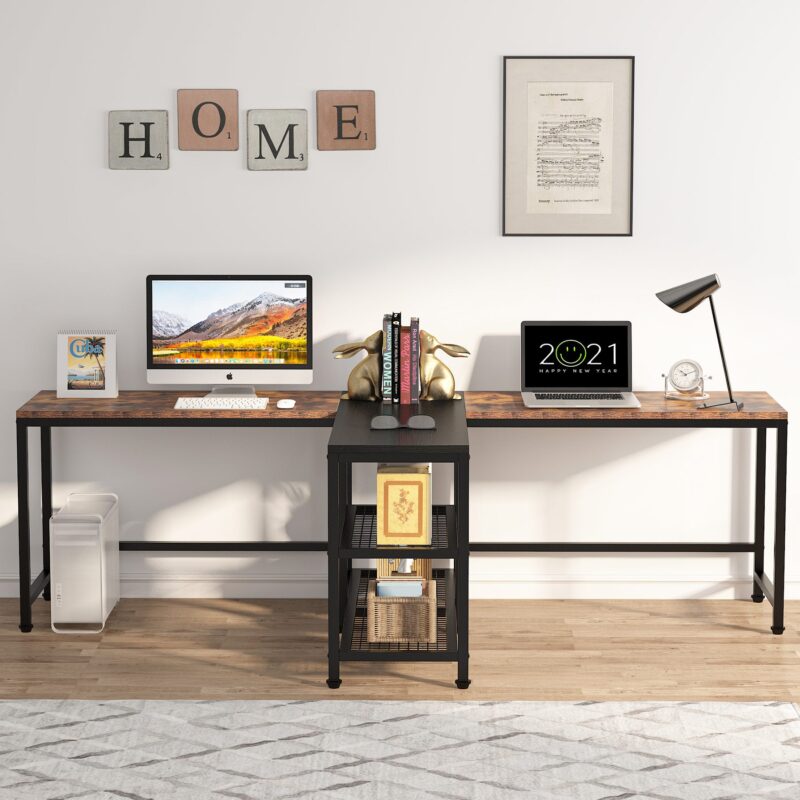 Two Person Desk, 94.5" Double Computer Desk with Shelves - Image 4