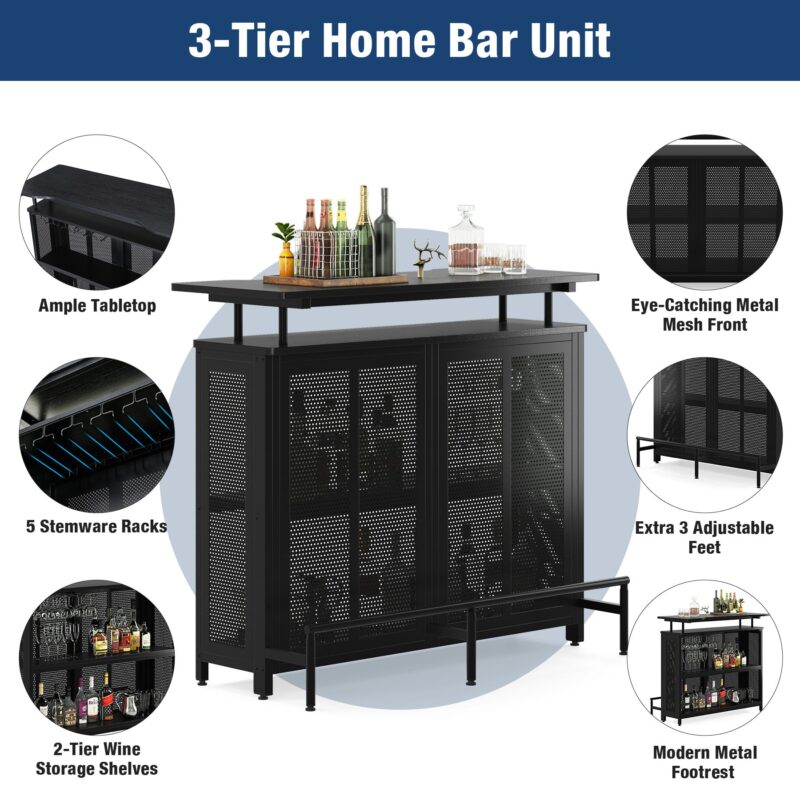 Bar Unit, 3 Tier Liquor Home Bar Table with Stemware Racks - Image 6