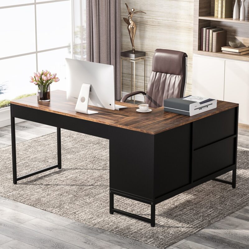 L-Shaped Desk, 60" Corner Computer Desk with File Cabinet - Image 2