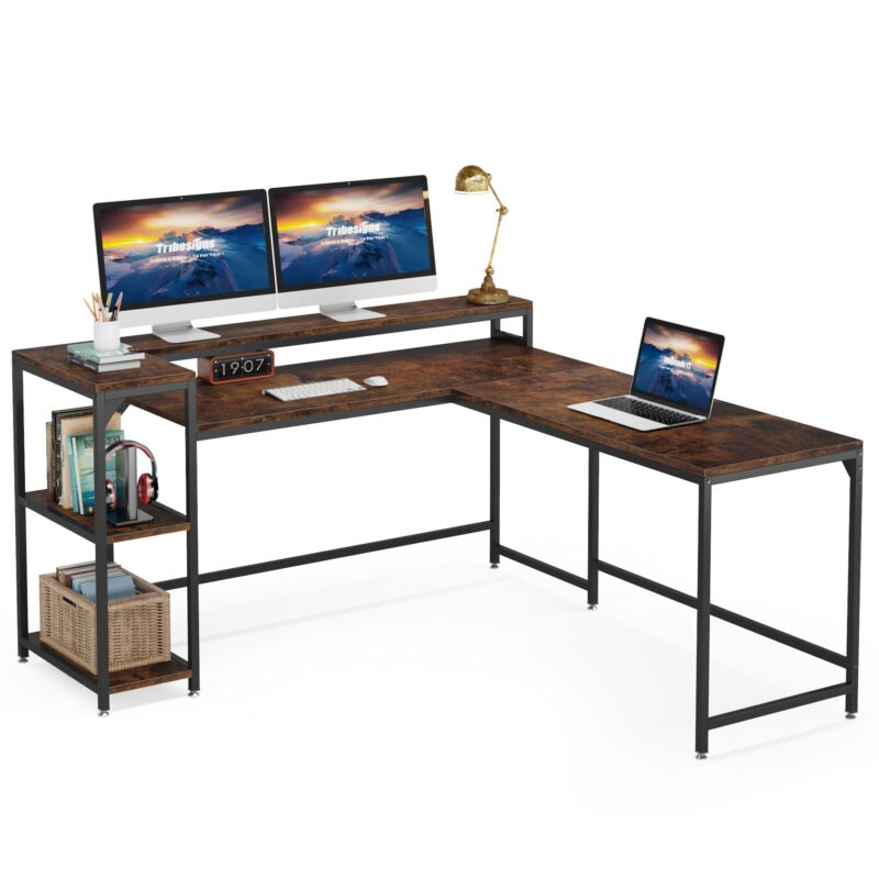 L-Shaped Desk, Corner Computer Desk with Monitor Stand & Shelves