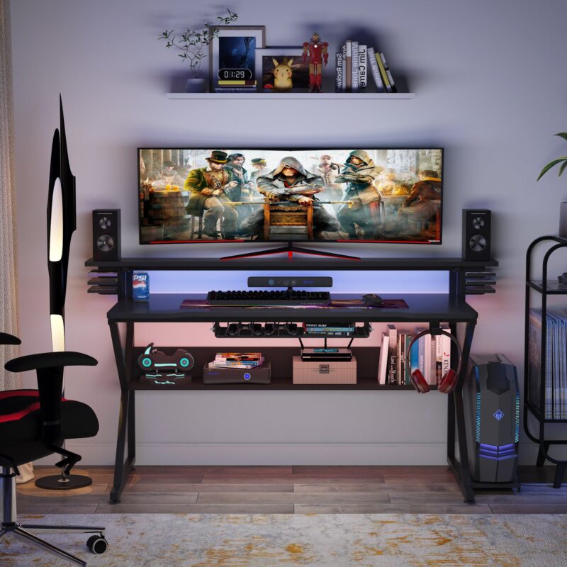 Gaming Desk, Computer Desk with Monitor Stand and Shelf - Image 4