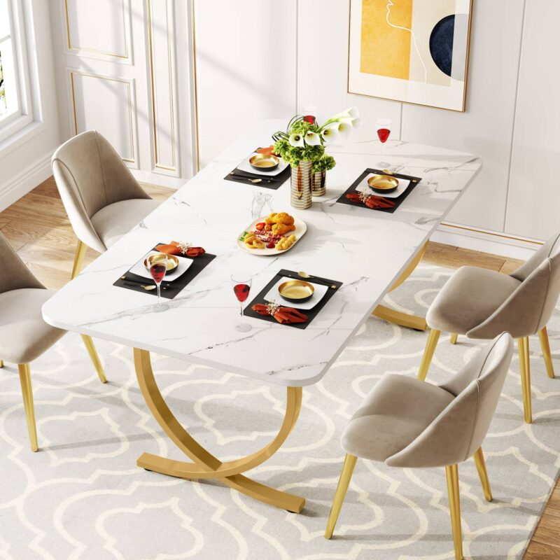 Dining Table, 63" Modern Kitchen Table with Faux Marble Table Top - Image 3