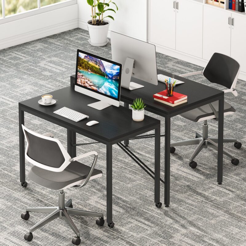 Two Person Desk, Double Computer Desk with Wheels Lockable - Image 9