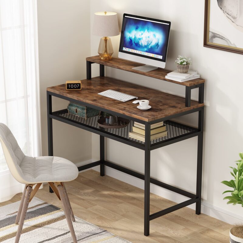 Computer Desk, Industrial Writing Desk with Monitor Stand - Image 4