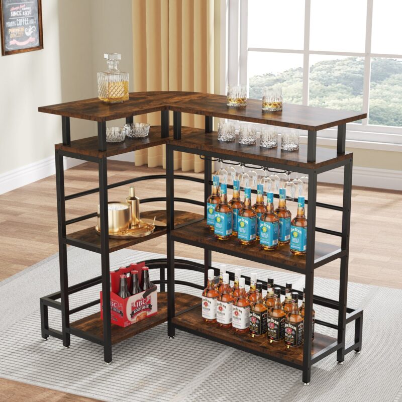 Bar Unit, L-Shaped Liquor Bar Table with 4 Tier Shelves & 4 Glass Holders - Image 3