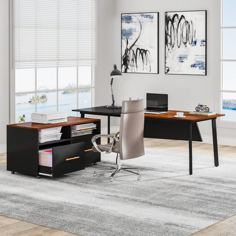 L-Shaped Desk, 70" Executive Desk with 43" File Cabinet - Image 4