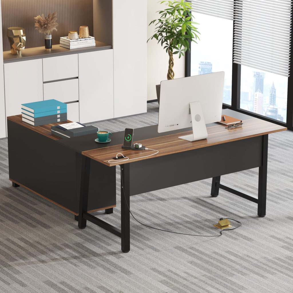 L-Shaped Desk, 70.9″ Computer Desk with Power Outlet and File Cabinet ...