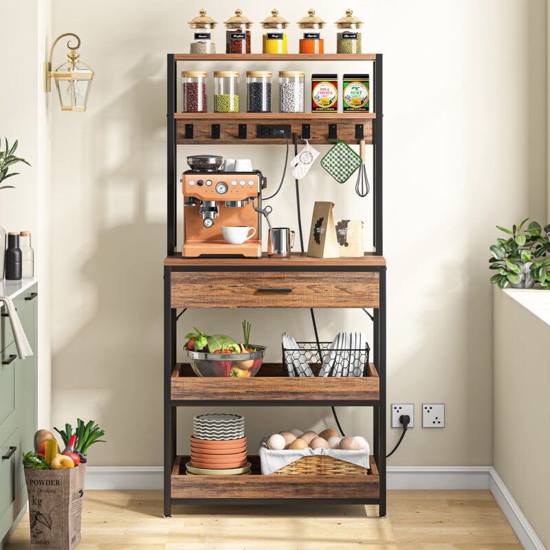 5-Tier Kitchen Baker's Rack with Power Outlets, Drawer & Sliding Shelves - Image 5