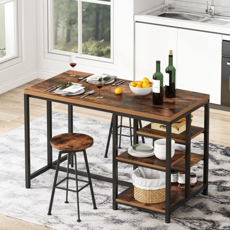 Kitchen Island, Industrial Kitchen Counter Dining Table with Storage Shelves - Image 3