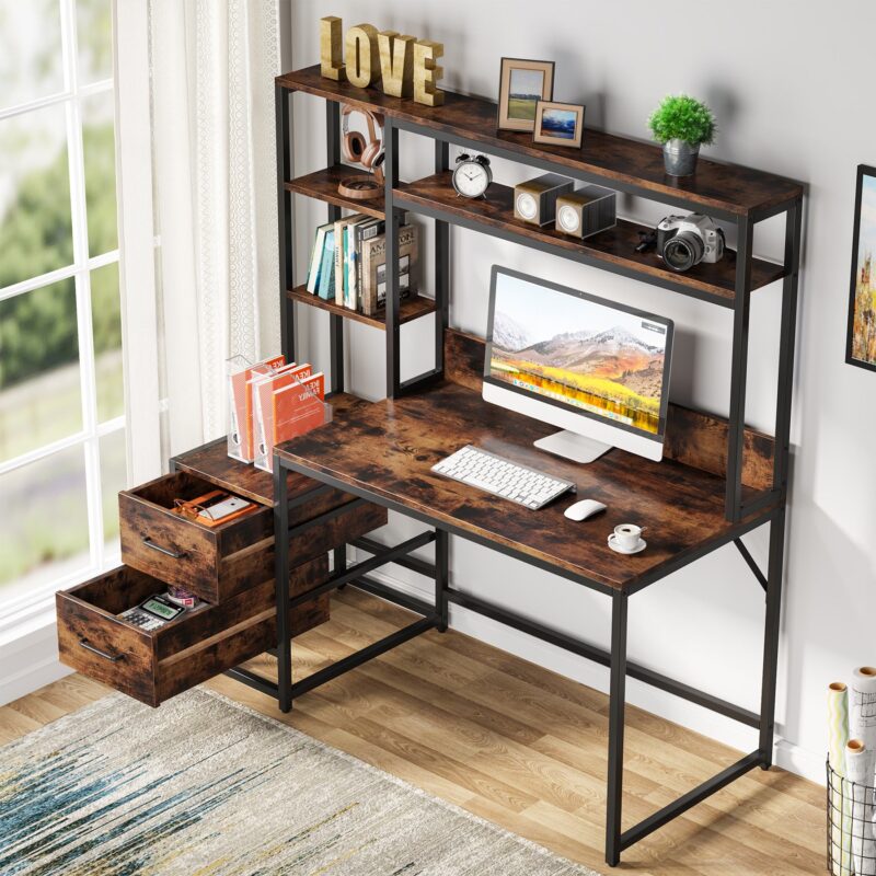 Computer Desk, 55" Writing Table with 2 Drawers and Storage Shelves - Image 4