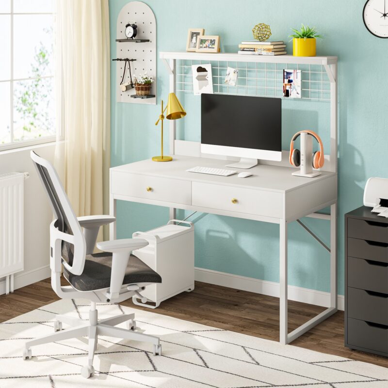 Computer Desk, Modern Study Table With 2 Drawers & Mesh Shelf - Image 2