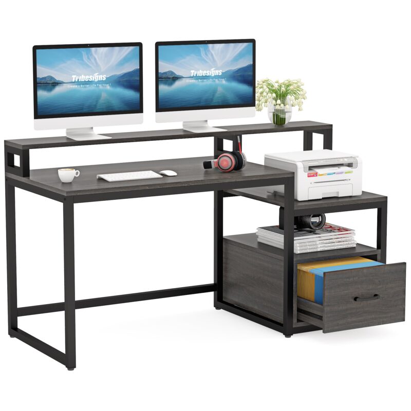 Computer Desk, Office Desk with Hutch and File Drawer - Image 9