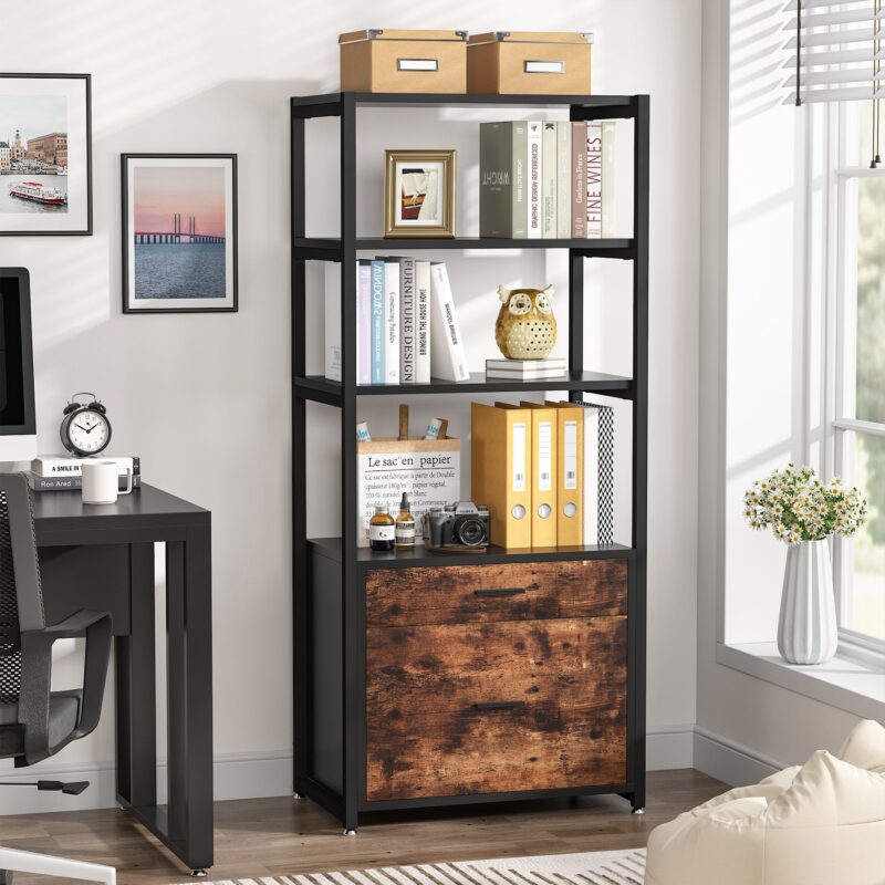 File Cabinet, 4-Tier Modern Bookshelf with 2 Drawers - Image 10